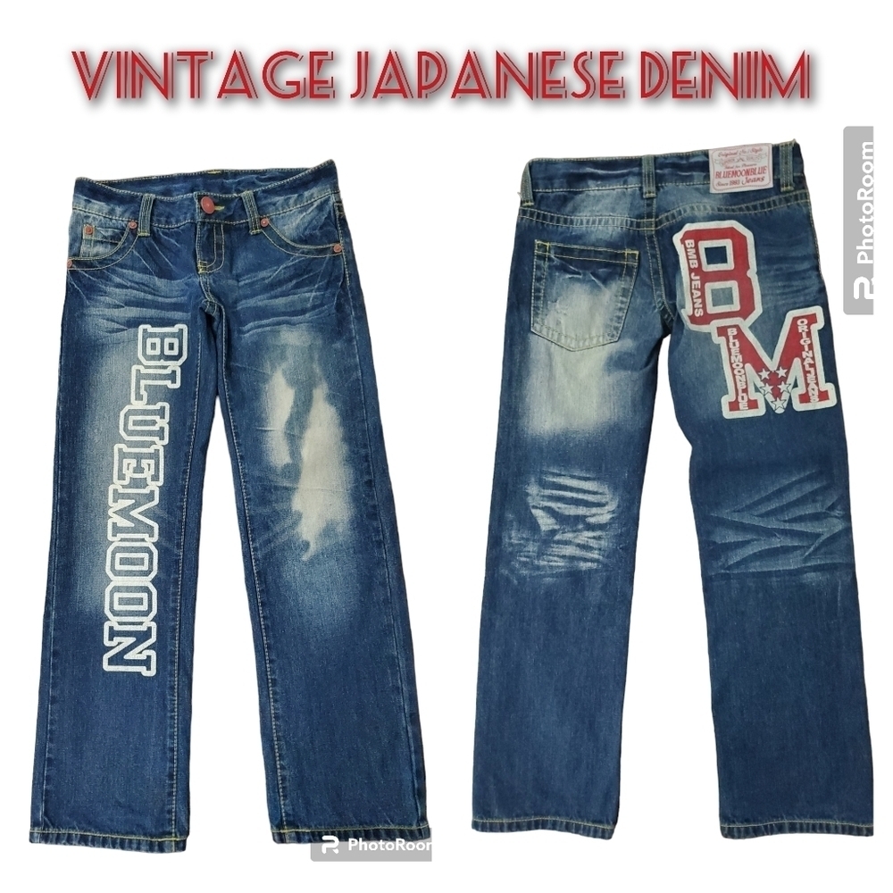 VINTAGE Japanese Bluemoon Blue Denim Jeans low rise straight leg sz 28 RARE